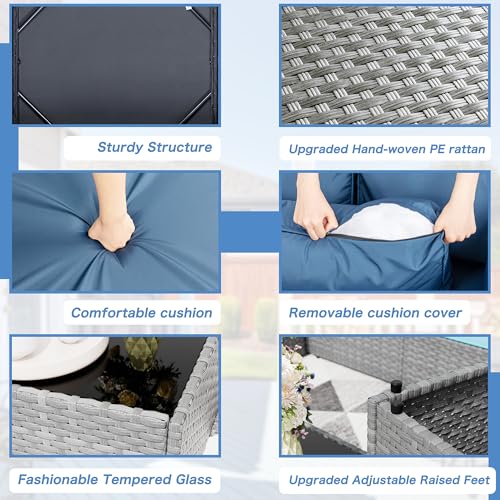 7 Pieces Outdoor Patio Furniture Sets, Patio Sectional Sofa Couch, Gray PE Wicker Furniture Modular Patio Conversation Sets Patio Sofa with Washable Cushions, Aegean Blue