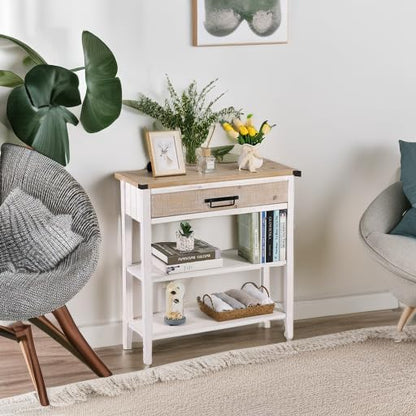 Farmhouse Console Table with Drawer, 3-Tier Rustic Entryway Table with Open Storage Shelves and Handmade Metal Handle, Narrow Foyer Sofa Table for Living Room, Entryway, Hallway (Washed White)