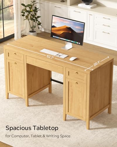 52" Large Executive Desk with Drawers, Farmhouse Wooden Home Office Desk with Storage Cabinet, Modern Computer Writing Desk for Work Study, Workspace, Natural Oak