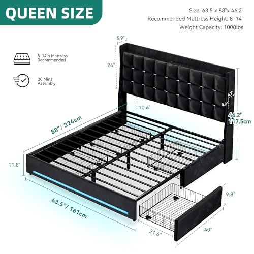 Queen Size Bed Frame with 4 Drawers and RGB LED Lights,USB Port, view 3