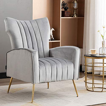 Curved Tufted Accent Chair with Metal Gold Legs Velvet Upholstered Arm Club Leisure Modern Chair for Living Room Bedroom Patio, Grey