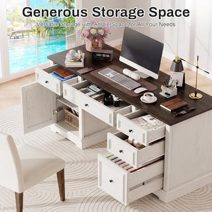 60" Farmhouse Executive Desk with Drawers and Cabinet, view 4