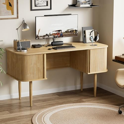 55" Modern Writing Desk with Sliding Doors, Wood Home Office Desk with Storage, Computer Desk for Study, Living Room, Dorm, Natural