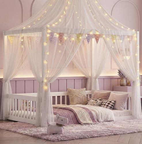 Full Size Canopy Bed Frame with 4 Posters and Guardrails for Kids, view 2