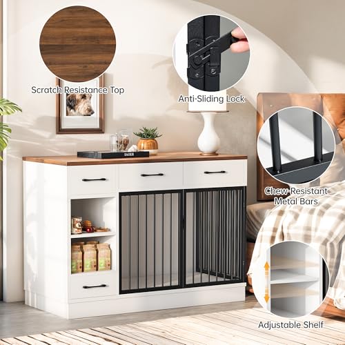 47.2" Large Dog Crate Furniture with 3 Storage Drawers & Hidden Bowl, view 4