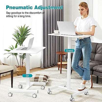 Small Rolling Desk Mobile Standing Portable Laptop PC Table with Wheels Adjustable Height Computer Workstation for Home Office, Space Saving Desk for Bedroom Study Use, White