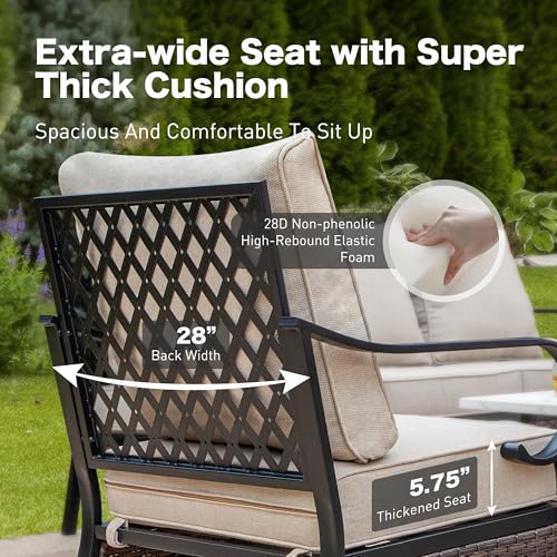 4 Piece Metal Outdoor Patio Furniture Set, Patio Conversation Sets 1 3-Seater Sofa, 2 Chairs with 5.75" Extra Thick Cushion and Coffee Table, Black Frame Backyard Furniture, Beige