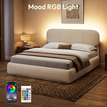Queen Size Cloud Bed Frame with LED & 4 Drawers, Beige, view 4