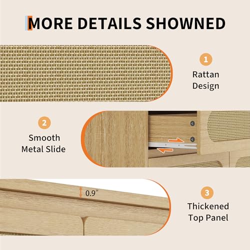 Rattan Dresser for Bedroom, 9 Drawer Dresser with Charging Station, Farmhouse Wood Chest of Drawer with Strong Base, Storage Organizer for Living Room, Hallway, Natural