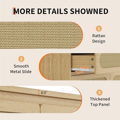 Rattan Dresser for Bedroom, 9 Drawer Dresser with Charging Station, Farmhouse Wood Chest of Drawer with Strong Base, Storage Organizer for Living Room, Hallway, Natural