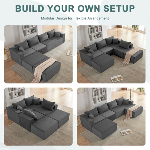 121''Modular Sectional Sofa with 2 Ottoman, Boneless couches for Living Room Furniture, Comfort U Shaped Sofa, Deep Seat Corner Couch, No Assembly Required（Gray, Corduroy）