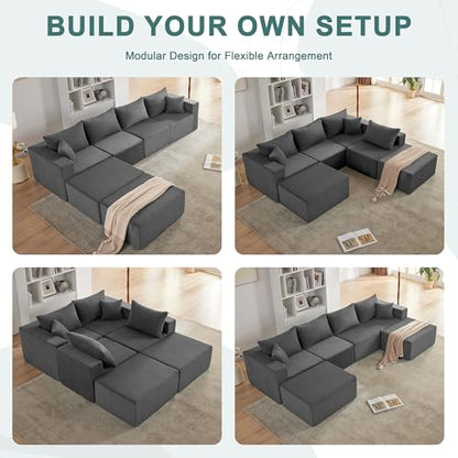 121''Modular Sectional Sofa with 2 Ottoman, Boneless couches for Living Room Furniture,Comfort U Shaped Sofa， Deep Seat Corner Couch，No Assembly Required（Gery，Corduroy）