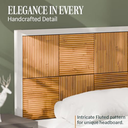 Madia Bed Frame, Mid Century Queen Bed Frame and Headboard with Unique & Trendy Fluted Pattern, 800lbs Capacity Platform Bed Frame, Solid Acacia Wood Slat Support, Easy Assembly White Bed Frame