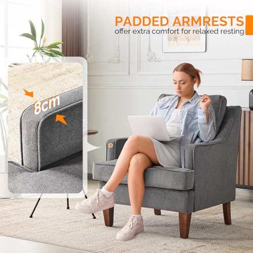 Mid-Century Accent Chairs, Light Grey Upholstered Armchair Comfy Sofa Chair Reading Chair High Back Living Room Bedroom Furniture for Apartment