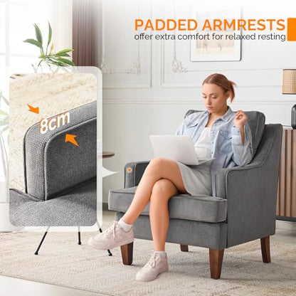 Mid-Century Accent Chairs, Light Grey Upholstered Armchair Comfy Sofa Chair Reading Chair High Back Living Room Bedroom Furniture for Apartment