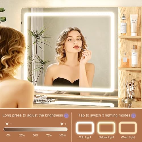 Glass Top Makeup Vanity with 3-Color LED Lighted Mirror & Power Strip, view 6