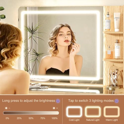 Glass Top Makeup Vanity with 3-Color LED Lighted Mirror & Power Strip, view 6