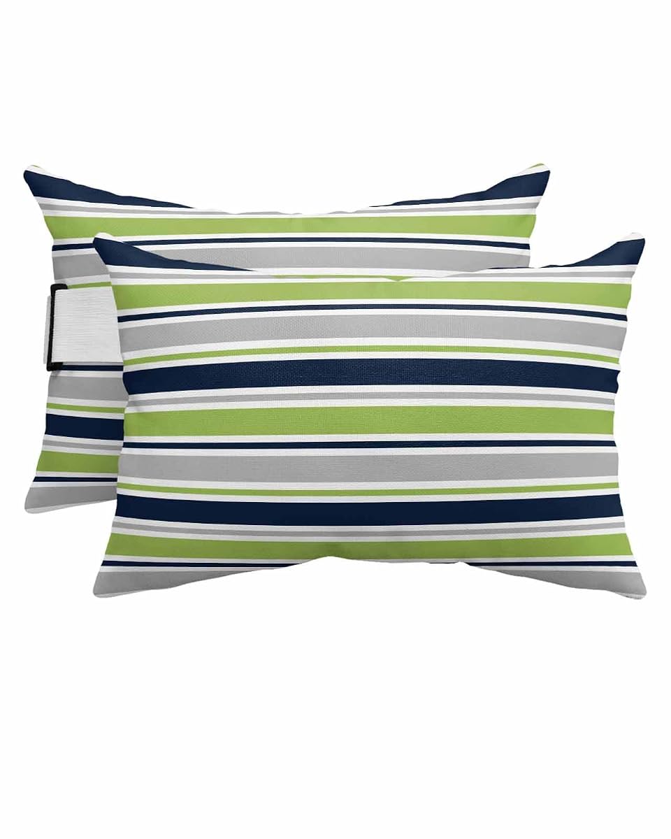 Pack of 2 Outdoor Lumbar Pillow Covers 12x20 Inch, Green Gray Striped Waterproof Throw Pillow Covers Set, Farmhouse Stripes Modern Abstract Art Outside Decorative Cushion Cases for Patio Porch Car