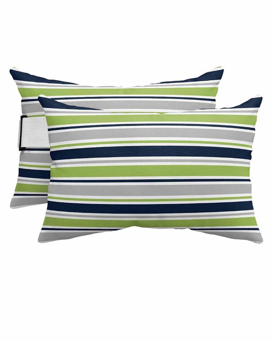 Pack of 2 Outdoor Lumbar Pillow Covers 12x20 Inch, Green Gray Striped Waterproof Throw Pillow Covers Set, Farmhouse Stripes Modern Abstract Art Outside Decorative Cushion Cases for Patio Porch Car