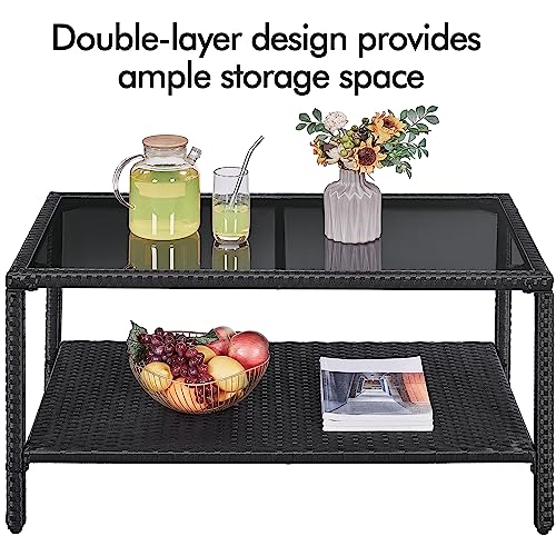 Yaheetech Outdoor Wicker Coffee Side Table with Tempered Glass Top, Black | All-Weather Rattan Patio Storage Furniture for Garden