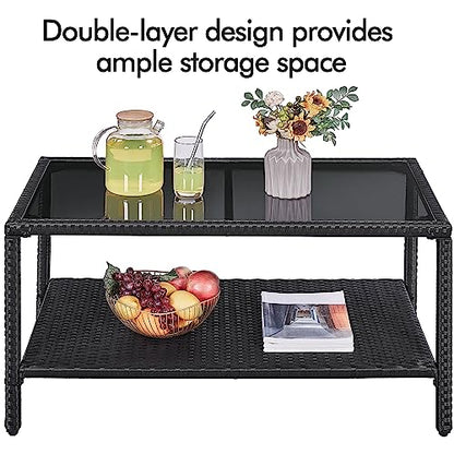 Yaheetech Outdoor Wicker Coffee Side Table with Tempered Glass Top, Black | All-Weather Rattan Patio Storage Furniture for Garden