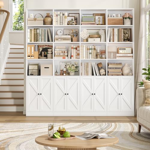 72.8" Large Bookshelf, Farmhouse Bookshelf with 8 Doors, White, view 3