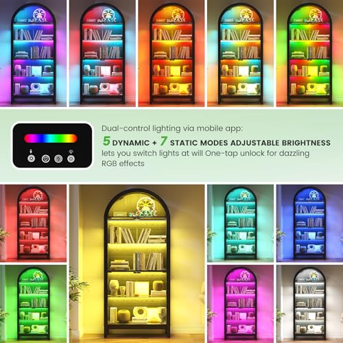 Arched Display Case with RGB Lights, 69" Tall 5-Tier Tempered Glass Display Cabinet with Doors, LED Curio Cabinet with Shelf, Bookcase with Music-Synced Lighting for Living Room (Black)