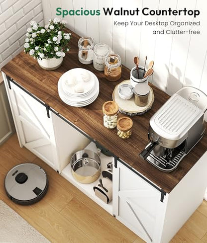 Farmhouse Coffee Bar with Mini Fridge Space & Power Outlet, White | Mini Fridge Cabinet, Barn-door Design, Adjustable Shelves, For Kitchen, Dining Room, Living Room