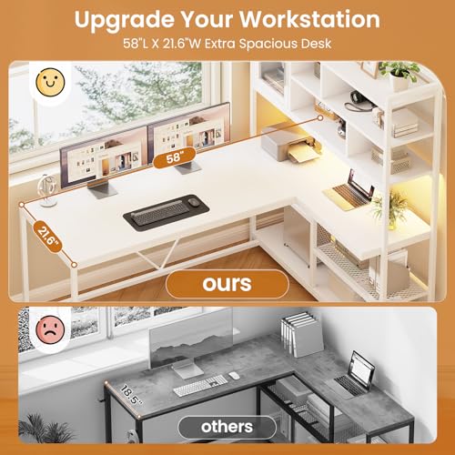 L Shaped Computer Desk, 58'' Office Desk with LED Light and Bookshelf, L Shaped Corner Desk with Storage Shelves for Home Office, Gaming Desk, L Desk, White