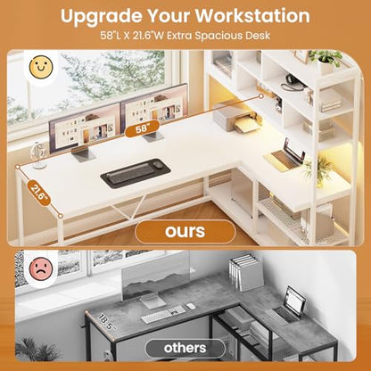 L Shaped Computer Desk, 58'' Office Desk with LED Light and Bookshelf, L Shaped Corner Desk with Storage Shelves for Home Office, Gaming Desk, L Desk, White