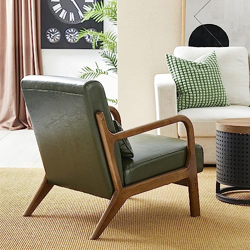 Mid Century Hunter Green Accent Armchair, Single Reading Armchair PU Leather Lounge Chair with Walnut Ruberwood Frame