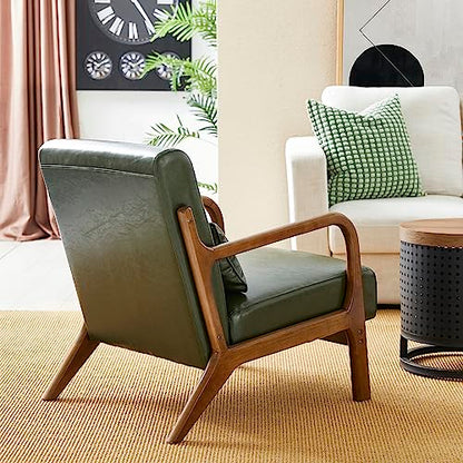 Mid Century Hunter Green Accent Armchair, Single Reading Armchair PU Leather Lounge Chair with Walnut Ruberwood Frame