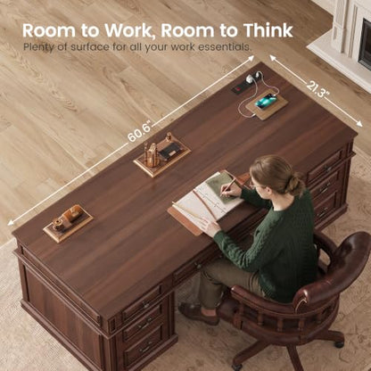 60.6" Executive Desk with 7 Drawers & Charging Station, view 6