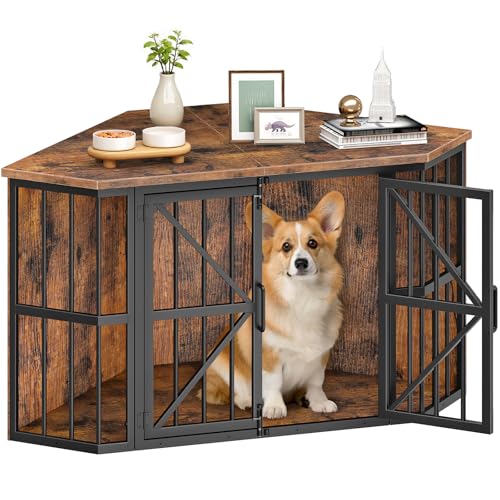 44" Corner Dog Crate Furniture for Medium Dogs, Rustic Brown, view 2