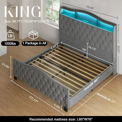 Platform Bed Frame with 50.9" LED Headboard, King Grey, view 3