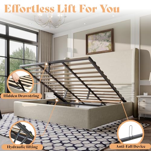 King Lift Up Storage Bed Frame Linen Wingback Headboard, Khaki, view 4