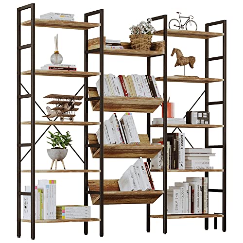 Bookshelf, Bookshelves and Bookcases, Triple Wide 5 Tiers Book Shelf with Baffles, Industrial Bookshelf with Metal Frame for Living Room, Home Office