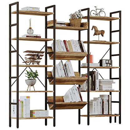 Bookshelf, Bookshelves and Bookcases, Triple Wide 5 Tiers Book Shelf with Baffles, Industrial Bookshelf with Metal Frame for Living Room, Home Office