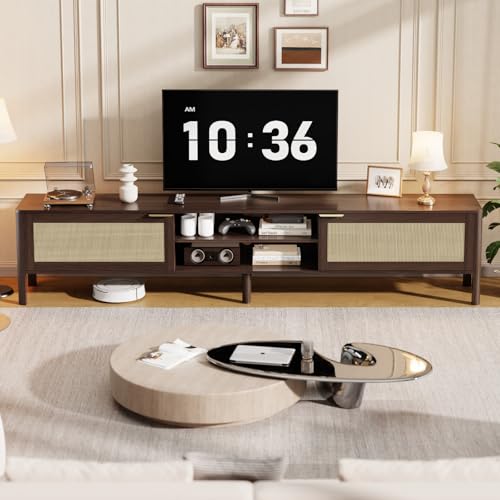 Rattan TV Stand for Living Room Walnut 71", view 7