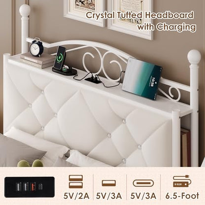 Queen Upholstered Canopy Bed Frame with 2 Drawers & Crystal Tufted Storage, view 5