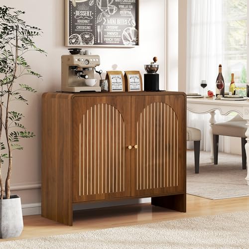 Sideboard Buffet Cabinet with Storage, Wood Arched Storage Cabinet with 2 Doors and Adjustable Shelf, Small Curved Entryway Accent Cabinet for Living Room Hallway Kitchen Dining Room, Walnut
