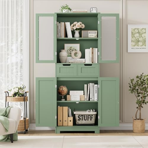 67" Tall Bathroom Storage Cabinet, Freestanding Storage Cabinet with Glass Door and Shelves, Kitchen Pantry Linen Cabinet with 2 Drawers for Bathroom, Living Room, Dining Room, Green