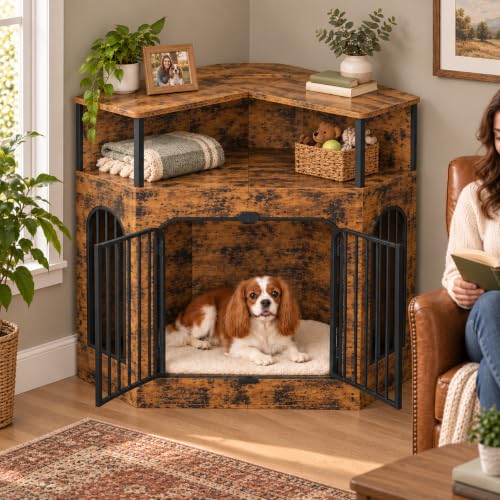 46" Corner Dog Crate Furniture with Storage Shelf, view 3