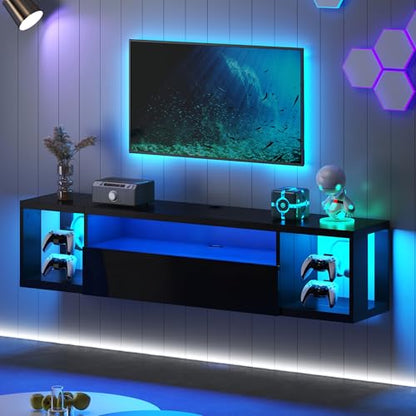 55 Inch Wall Mounted Floating TV Stand with LED Lights & Shelves, view 4