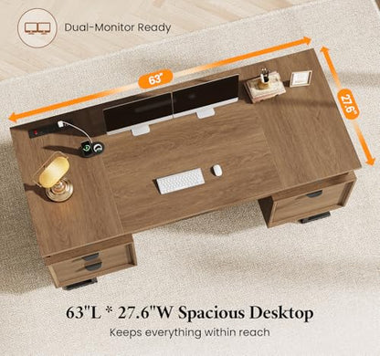 63" W x 27.6" D Executive Desk with 2 Cabinets & Power Outlet, view 7