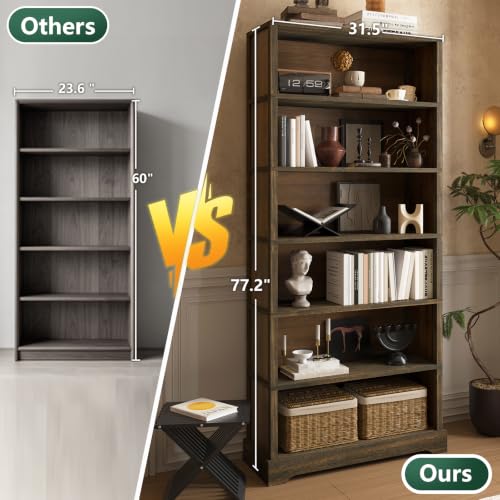 6 Tiers Wooden Bookshelf, 77.2" Tall Farmhouse Style Open Bookcase, view 7