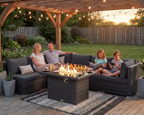 Extra Large Rattan Patio Furniture Set with Gas/Propane Fire Pit Table, 29.3'' High Back Comfy Outdoor Sofa Conversations, 7 Piece Moden Deep Wide Seated Sectional Couch for Backyard, Gray