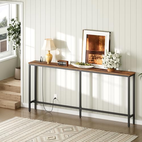 70.9" Console Table with Power Outlet, Narrow Sofa Table, Brown, view 7