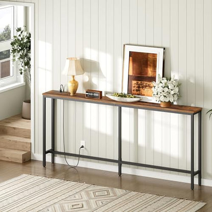 70.9" Console Table with Power Outlet, Narrow Sofa Table, Brown, view 7