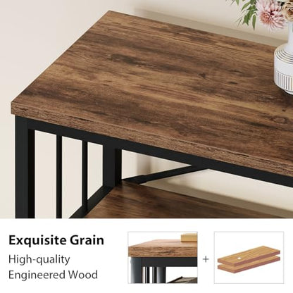 Horizontal Low Bookshelf, Extra Long Industrial Wood 3 Tier Bookcase, Wide Open Metal Large Book Shelf for Bedroom Living Room, Rustic Brown, 70 Inch